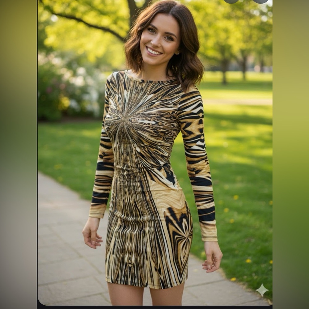 Topshop Brown and Black Patterned Long Sleeve Dress